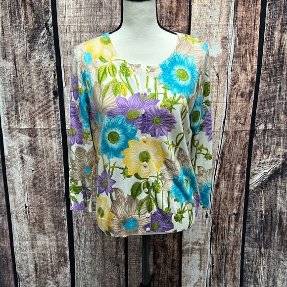 Talbots NWT blue, purple & yellow floral cardigan - Picture 2 of 10